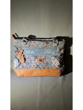 Stone Mountain Quilted Blue & Brown Paisley Tote Bag With Leather Accents Dual H